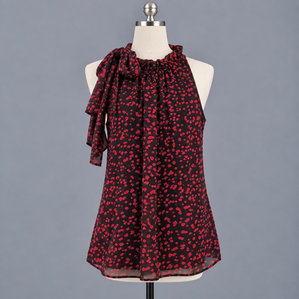 Michael Kors Blouse Women's Size 6 Black Red 100% Silk Tie Neck Sleeveless Top